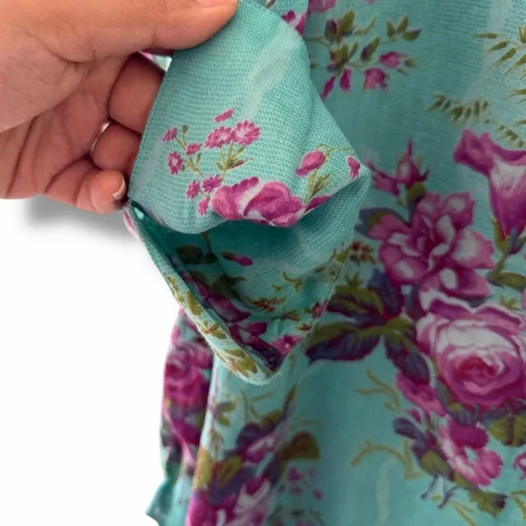 April Cornell Teal Cottage Rose Floral Print Button Down Tunic Top Boho Medium - Picture 6 of 13